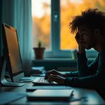 A remote worker at a cluttered home office desk, half in shadow and visibly fatigued, illuminated by warm window light with a background of scattered papers and a coffee stain.