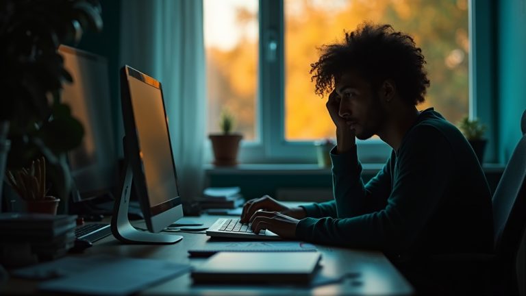 A remote worker at a cluttered home office desk, half in shadow and visibly fatigued, illuminated by warm window light with a background of scattered papers and a coffee stain.