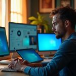 A remote worker looks fatigued at a home office desk surrounded by multiple chat windows on various devices, illuminated by warm sunlight and cool screen glow.