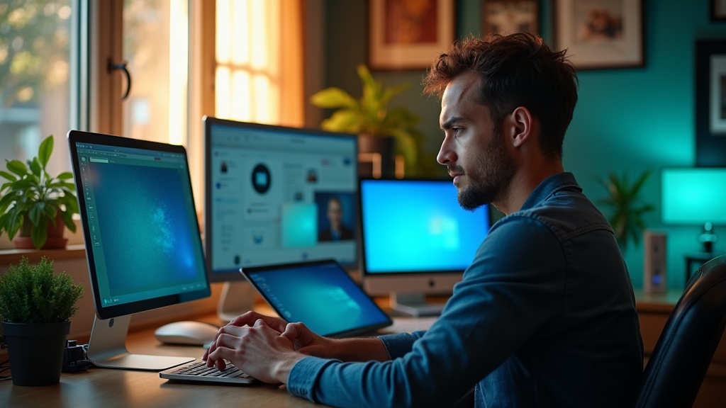 A remote worker looks fatigued at a home office desk surrounded by multiple chat windows on various devices, illuminated by warm sunlight and cool screen glow.