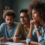 Three people engaged in a lively online meeting around a laptop in a cozy home office, reflecting diverse reactions and interaction.