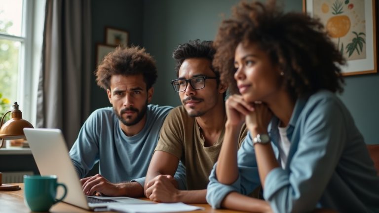 Three people engaged in a lively online meeting around a laptop in a cozy home office, reflecting diverse reactions and interaction.