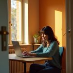 A focused remote worker sits at a cozy home office desk, adjusting a laptop amid warm light and a thoughtfully detailed room.