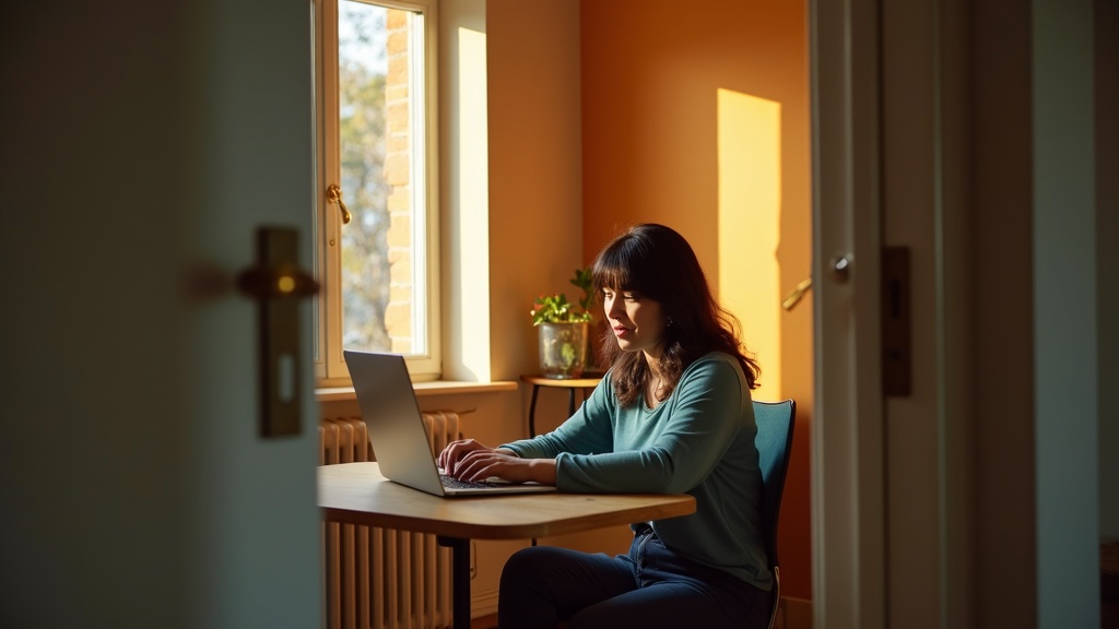A focused remote worker sits at a cozy home office desk, adjusting a laptop amid warm light and a thoughtfully detailed room.