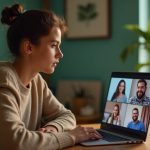 A new remote team member works at a home office desk, looking thoughtfully at a laptop during a video call with colleagues, surrounded by warm and calming decor.