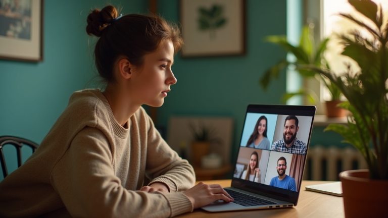 A new remote team member works at a home office desk, looking thoughtfully at a laptop during a video call with colleagues, surrounded by warm and calming decor.
