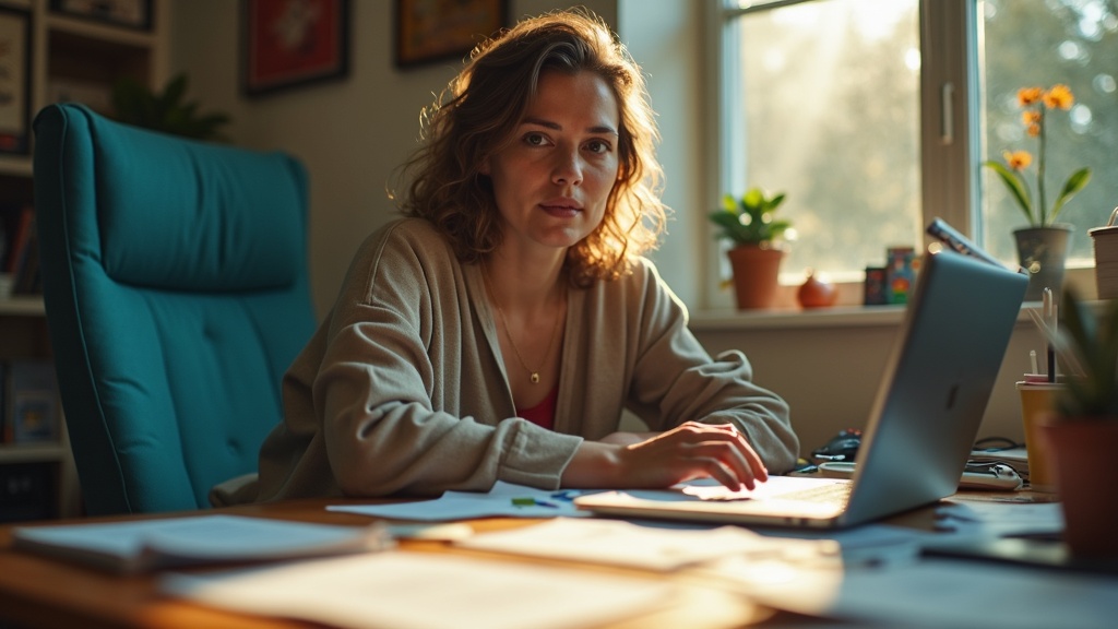 A person in a colorful home office leans toward their webcam during a remote standup, with digital devices and sticky notes on a cluttered desk illuminated by morning light.