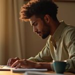 A remote worker at a home desk considers giving or receiving feedback, illuminated by soft sunlight and screen glow, capturing a thoughtful moment in a relaxed workspace.