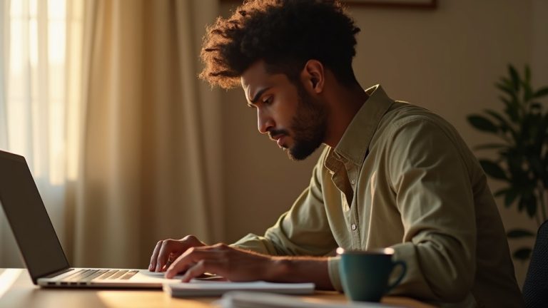 A remote worker at a home desk considers giving or receiving feedback, illuminated by soft sunlight and screen glow, capturing a thoughtful moment in a relaxed workspace.