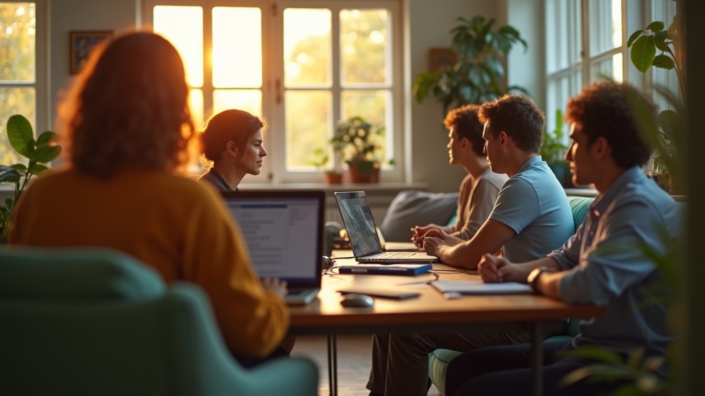 Diverse remote workers focused at their home offices, collaborating in varied lighting that hints at different time zones and schedules.
