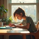 Young adult working at a compact desk in a sunlit, organized small apartment with subtle clutter on the edges, conveying the challenges of limited space.