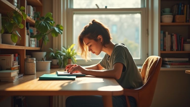 Young adult working at a compact desk in a sunlit, organized small apartment with subtle clutter on the edges, conveying the challenges of limited space.