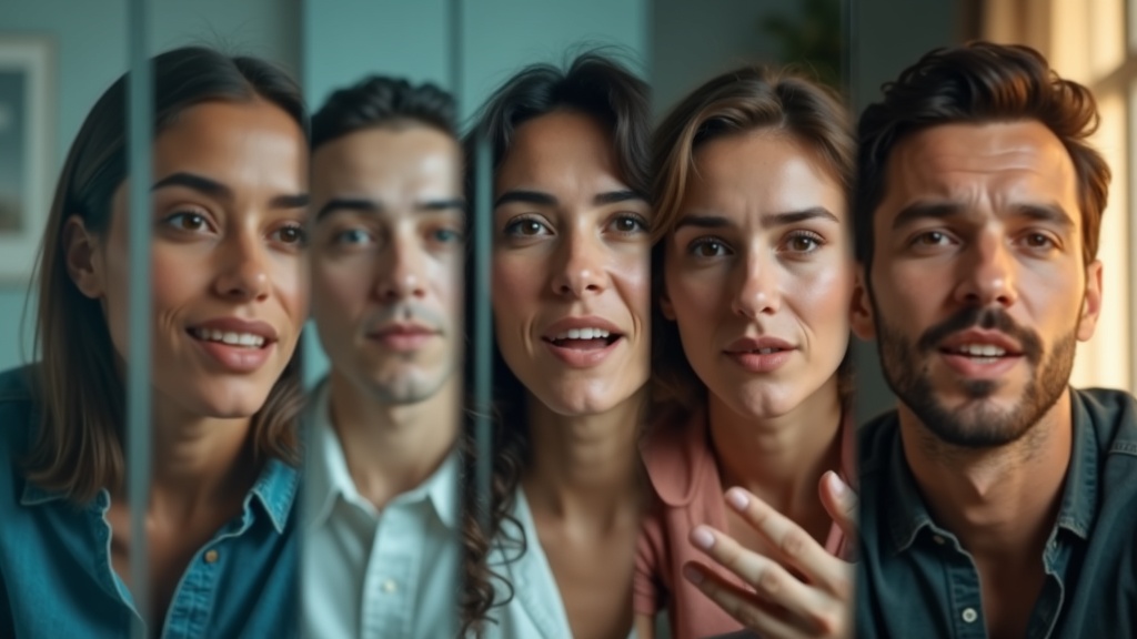 Diverse remote team members engaged in a virtual meeting, expressing focus and connection across varied home office settings, suggesting resolution of minor miscommunication.
