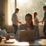 Remote worker concentrating at a desk in a bright living room while family members move in the background during a busy morning.