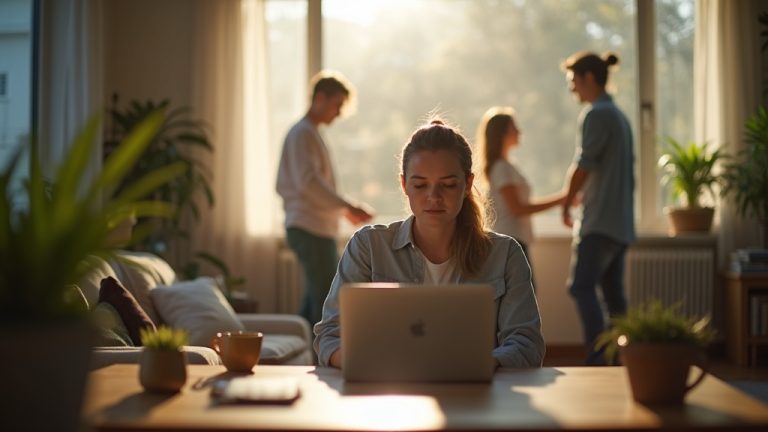 Remote worker concentrating at a desk in a bright living room while family members move in the background during a busy morning.