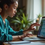 A remote worker focused at a laptop and tablet in a cozy home office, surrounded by desk clutter and warm afternoon light, highlighting the daily reality of managing credentials from home.