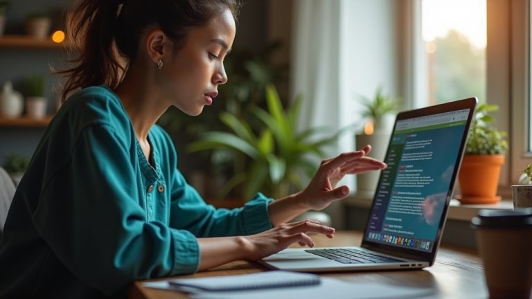 A remote worker focused at a laptop and tablet in a cozy home office, surrounded by desk clutter and warm afternoon light, highlighting the daily reality of managing credentials from home.