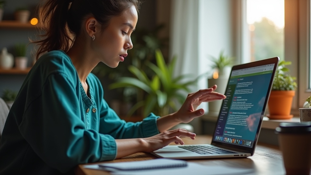 A remote worker focused at a laptop and tablet in a cozy home office, surrounded by desk clutter and warm afternoon light, highlighting the daily reality of managing credentials from home.