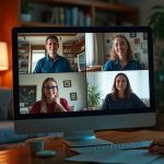 Remote team members from diverse backgrounds engage on a video call, each in unique home office settings that reflect personal styles and collaborative energy.