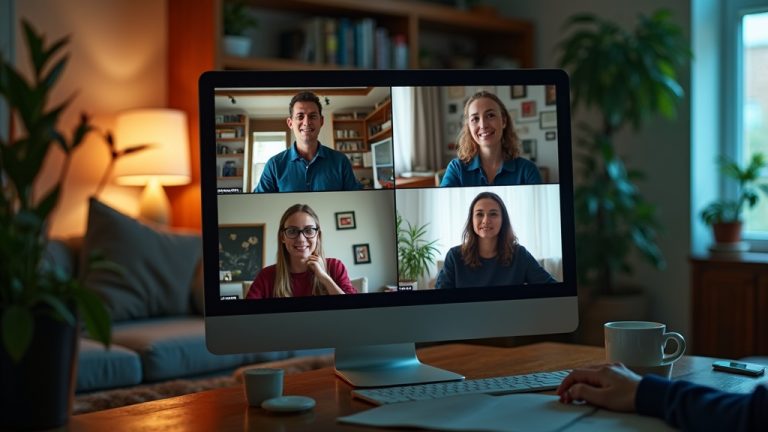 Remote team members from diverse backgrounds engage on a video call, each in unique home office settings that reflect personal styles and collaborative energy.