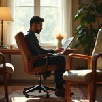 A worker in their 30s examines a worn chair amid a cluttered home office filled with various chairs, natural light highlighting a cozy and realistic remote workspace.