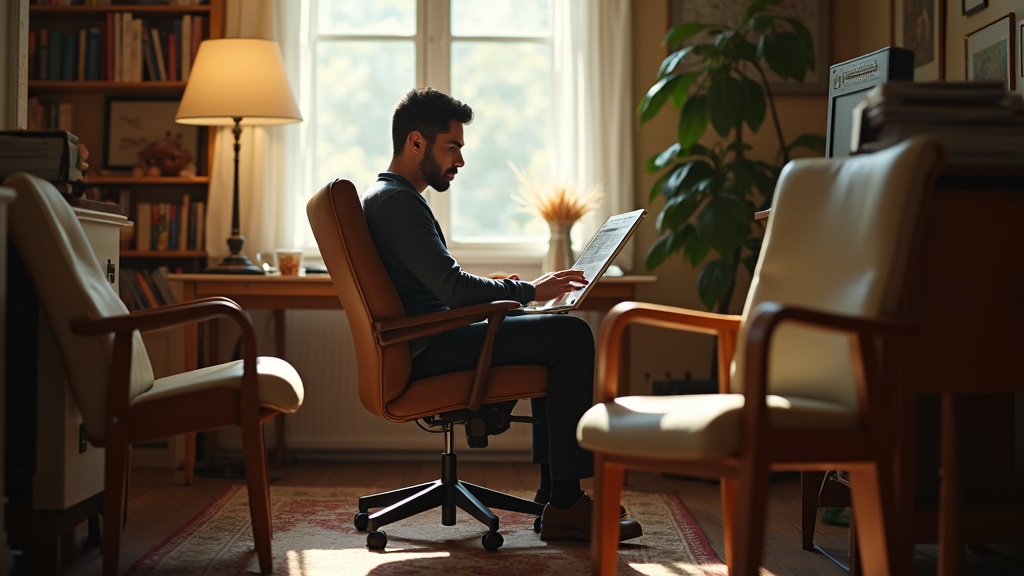 A worker in their 30s examines a worn chair amid a cluttered home office filled with various chairs, natural light highlighting a cozy and realistic remote workspace.
