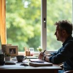 Remote worker at a cluttered home desk gazes thoughtfully toward a sunlit garden, balancing indoor focus with the inviting outdoors.
