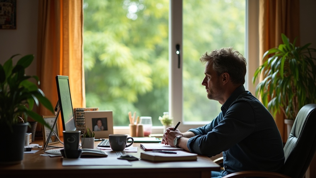 Remote worker at a cluttered home desk gazes thoughtfully toward a sunlit garden, balancing indoor focus with the inviting outdoors.