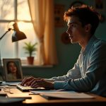 In a warmly lit home office, a focused adult balances work and personal life amid scattered notes and mild clutter, highlighting the challenge of setting boundaries.