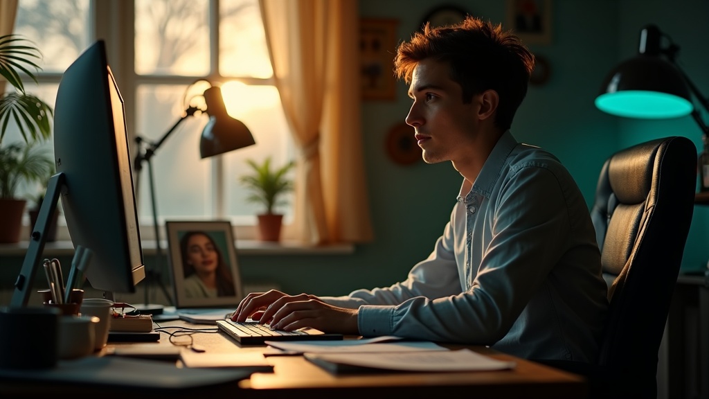 In a warmly lit home office, a focused adult balances work and personal life amid scattered notes and mild clutter, highlighting the challenge of setting boundaries.