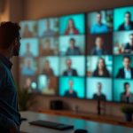 A thoughtful manager in a modern home office looks at a wall of virtual meeting screens, highlighting the challenges of remote leadership.