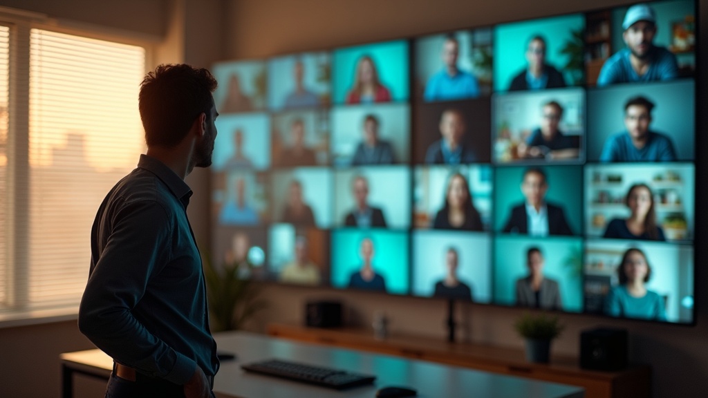 A thoughtful manager in a modern home office looks at a wall of virtual meeting screens, highlighting the challenges of remote leadership.