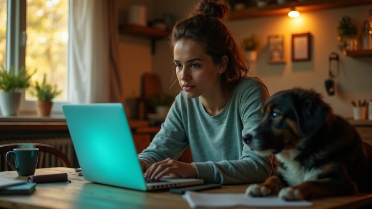 Person engaged in a video call at home with digital devices, subtle clutter, and a dog seeking attention, illustrating focus and real-life distractions.