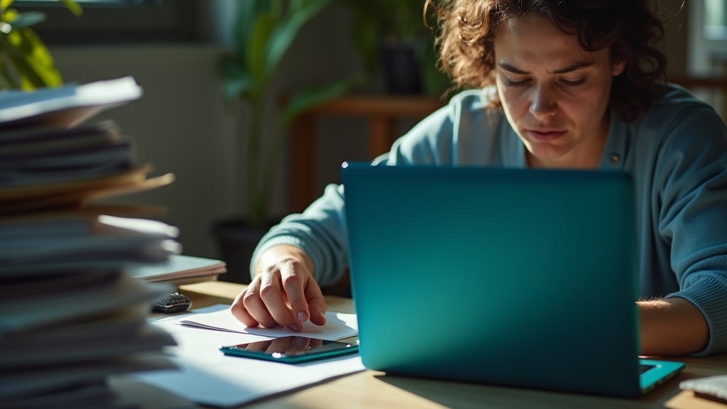 Focused remote worker at a cluttered home desk multitasking on laptop, surrounded by personal items and devices, highlighting privacy challenges in a home office.