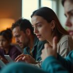 Remote teammates on a lively video call, their faces lit by natural and screen light, revealing candid reactions and varied emotions during a virtual meeting.