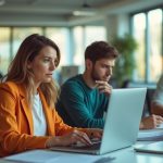 A diverse global team in a bright office, with members engaged in separate activities and slightly out of sync, reflecting time zone coordination challenges.