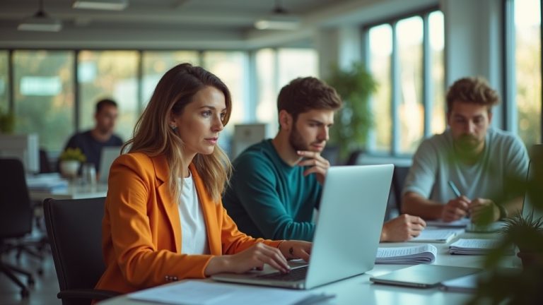A diverse global team in a bright office, with members engaged in separate activities and slightly out of sync, reflecting time zone coordination challenges.