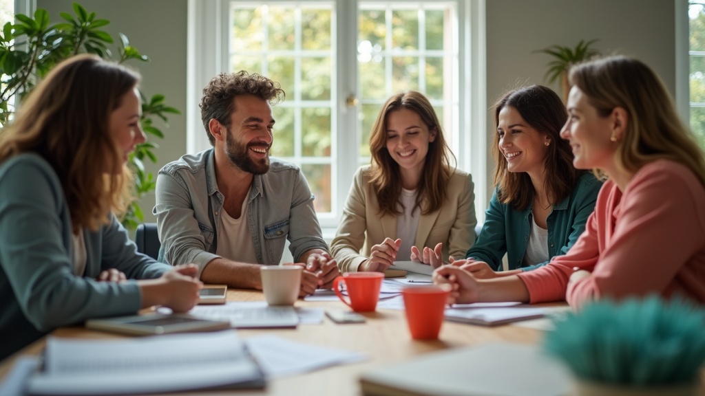 Remote team members engaged in lively discussion around a sunlit table during an offsite, highlighting genuine connection and teamwork.