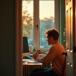 A remote worker in a cozy, warmly lit home office gazes thoughtfully out a window, highlighting the subtle sense of isolation and longing.