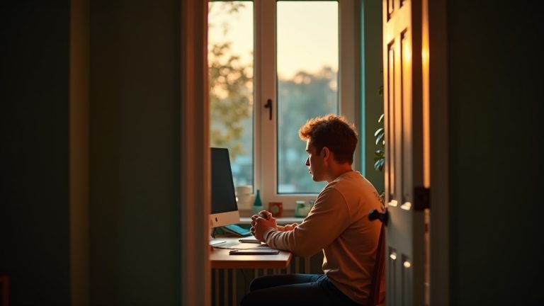 A remote worker in a cozy, warmly lit home office gazes thoughtfully out a window, highlighting the subtle sense of isolation and longing.