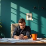 Person sitting thoughtfully in a sunlit, slightly messy home office with desk clutter and a pensive expression, highlighting a relatable remote workspace environment.