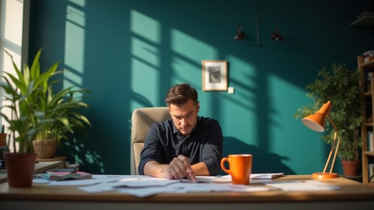 Person sitting thoughtfully in a sunlit, slightly messy home office with desk clutter and a pensive expression, highlighting a relatable remote workspace environment.