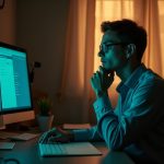 Remote worker in a small home office, thoughtfully resting their chin while illuminated by a mix of screen light and warm sunlight with subtle workspace clutter.