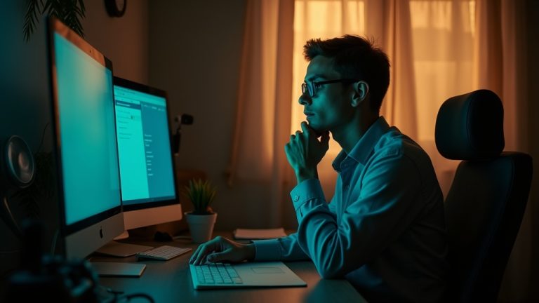 Remote worker in a small home office, thoughtfully resting their chin while illuminated by a mix of screen light and warm sunlight with subtle workspace clutter.