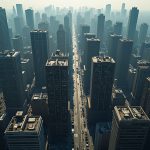 A disrupted city skyline with misaligned skyscrapers and fragmented reflections, evoking separation and distant human presence.
