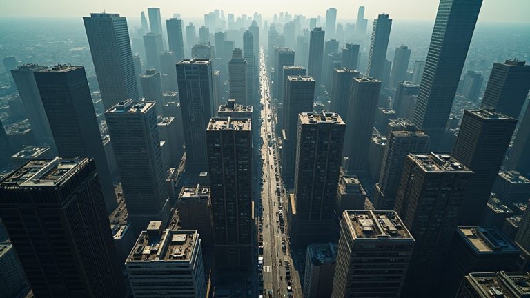 A disrupted city skyline with misaligned skyscrapers and fragmented reflections, evoking separation and distant human presence.