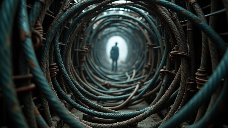 Dense network of cables and metal structures with faint light and shadows reflecting the complex feelings of remote work productivity.