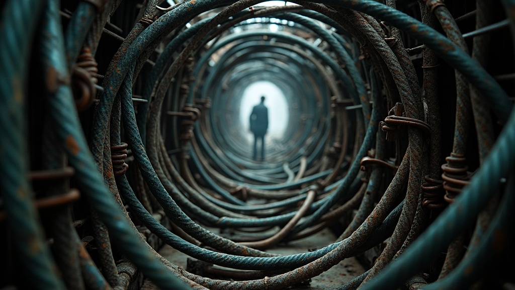 Dense network of cables and metal structures with faint light and shadows reflecting the complex feelings of remote work productivity.