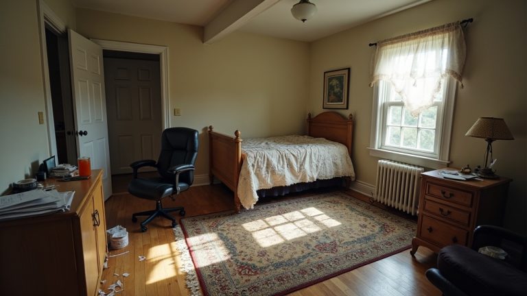 Home workspace merged with personal space, showing an office chair on a kitchen rug among mismatched furniture in a cluttered, shadow-filled room.