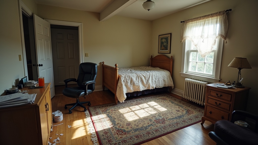 Home workspace merged with personal space, showing an office chair on a kitchen rug among mismatched furniture in a cluttered, shadow-filled room.